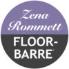 A purple and black circle with the words " zena rommett floor-barre ".